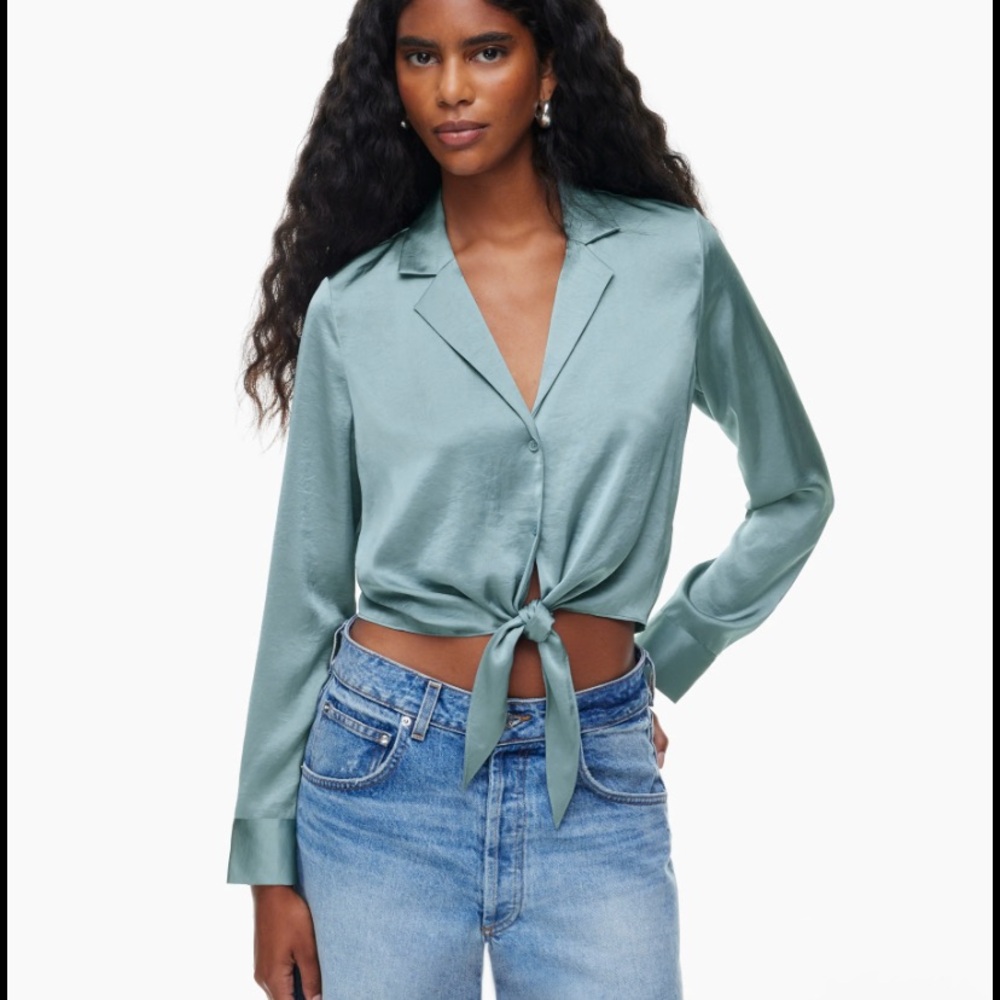 Wilfred Artizia Women’s Satin Tie-Front Blouse in Slab Blue Gray SzS